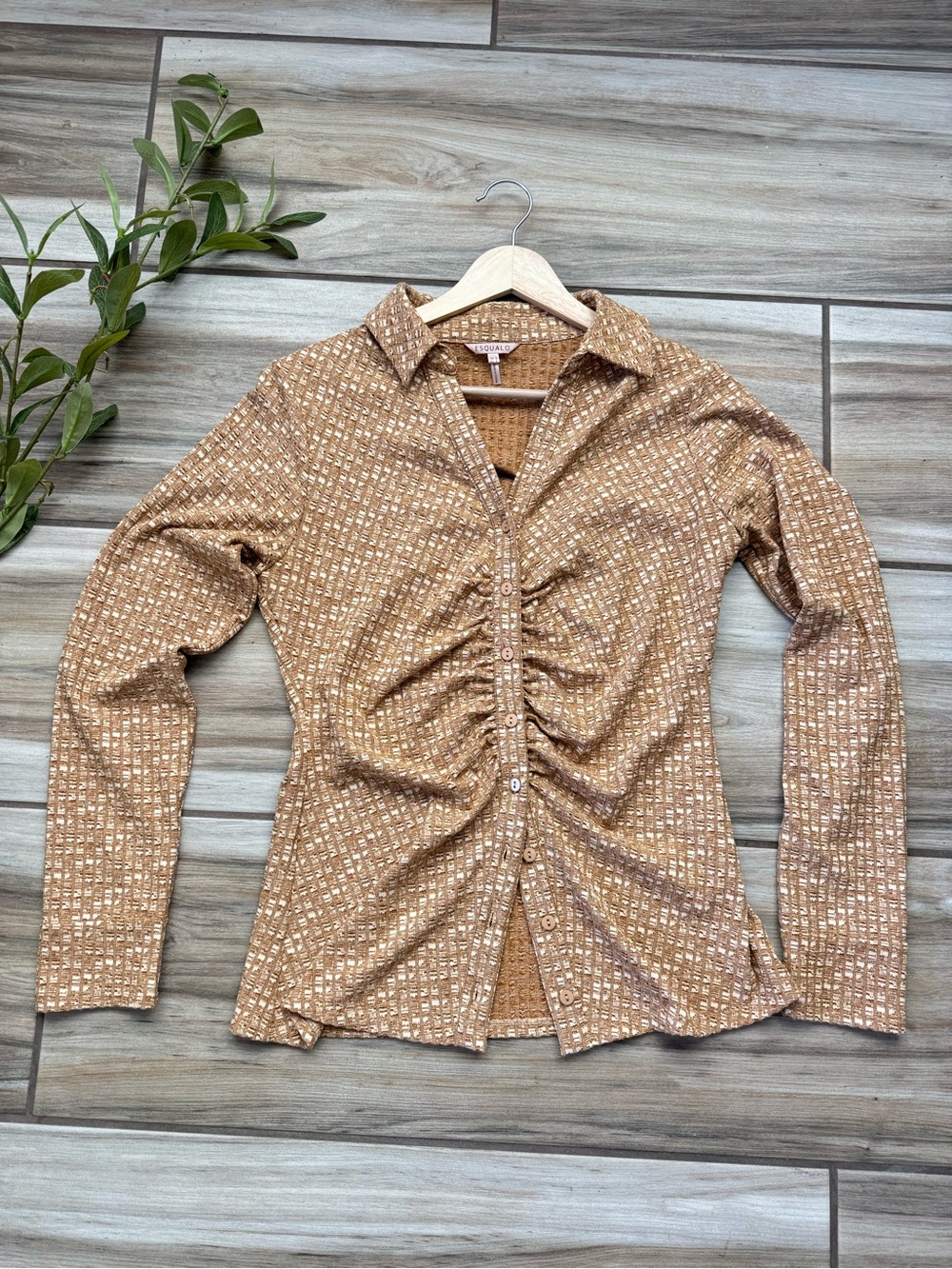 ESQUALO Brown Patterned Ruched Button-Down Shirt Fitted Retro Size Small